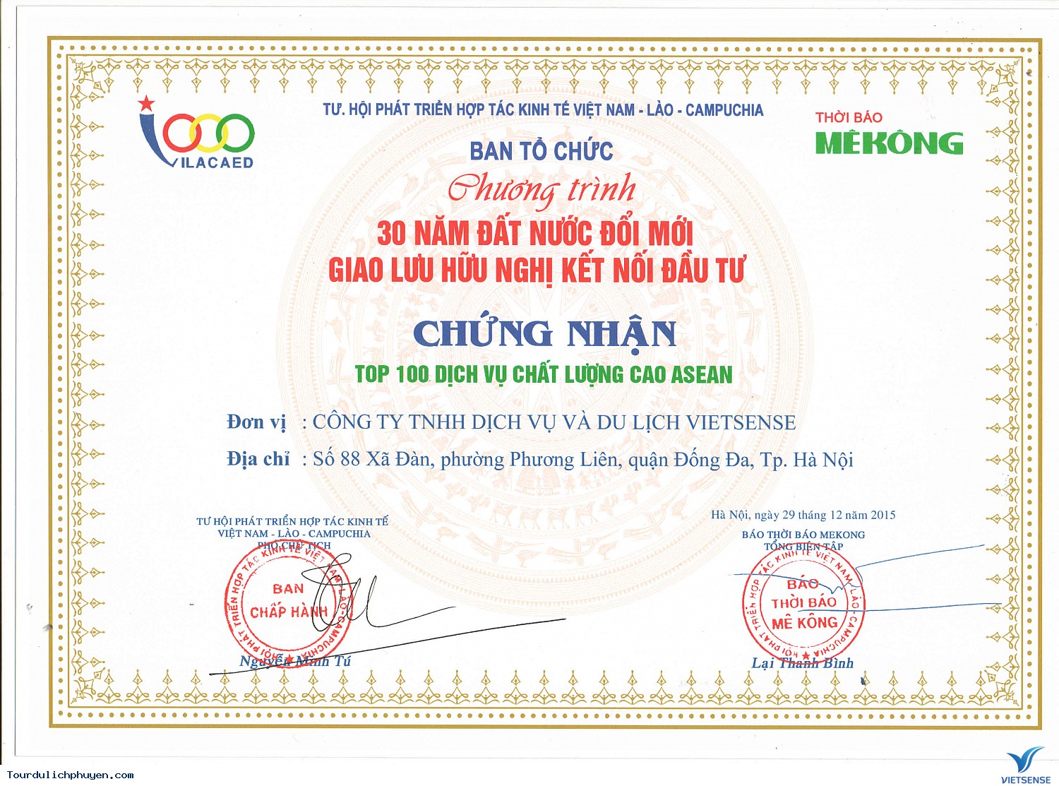 VIETSENSE TRAVEL ĐÓN NHẬN VINH DANH TOP 100 SẢN PHẨM - DỊCH VỤ CHẤT LƯỢNG CAO ASEAN - Ảnh 1 VIETSENSE TRAVEL ĐÓN NHẬN VINH DANH TOP 100 SẢN PHẨM - DỊCH VỤ CHẤT LƯỢNG CAO ASEAN - Ảnh 1